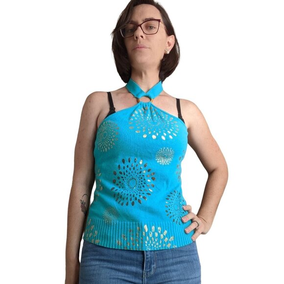 Vintage y2k Teal Gold Knit Halter Top - Picture 7 of 7